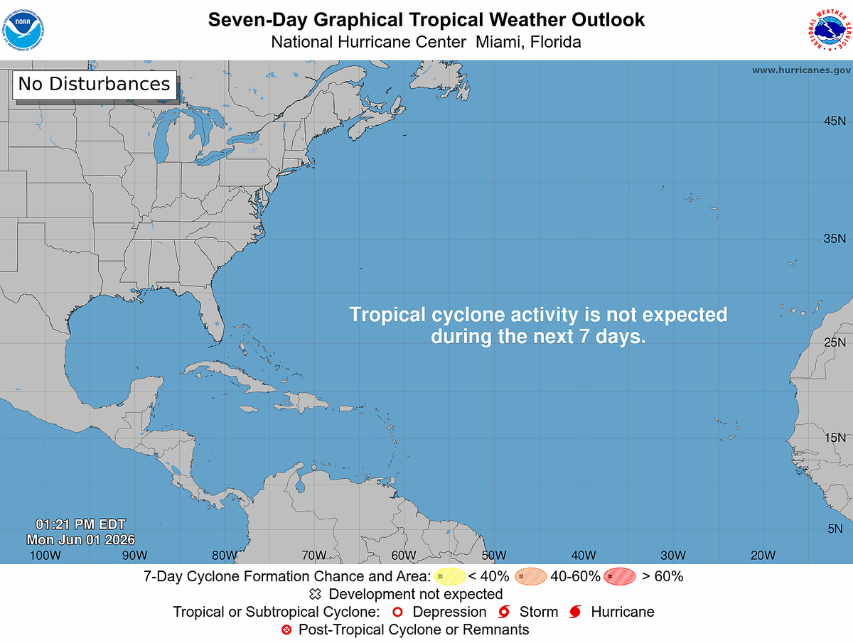 A clear map of the tropics on Monday, June 1, 2026, the start of hurricane season, according to the National Hurricane Center.
